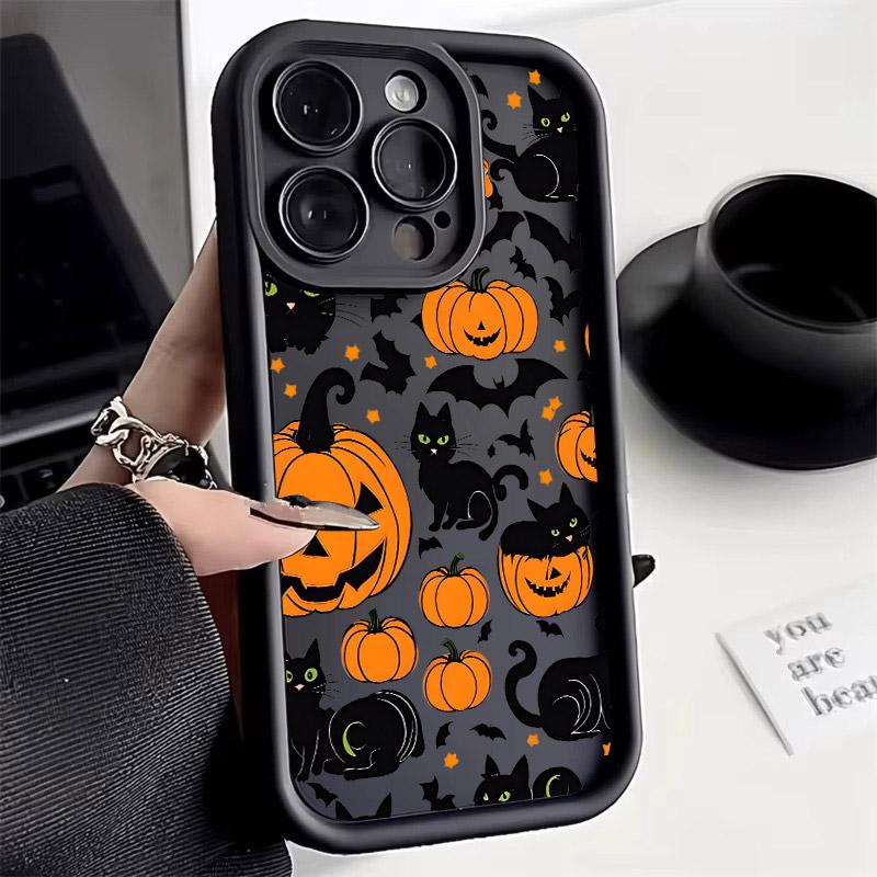 Halloween Cat Pumpkin Bat Silicone Soft TPU Phone Case for iPhone 16 Pro Max 15 Plus 14 13 12 11 17 Air 16E Shockproof Cover