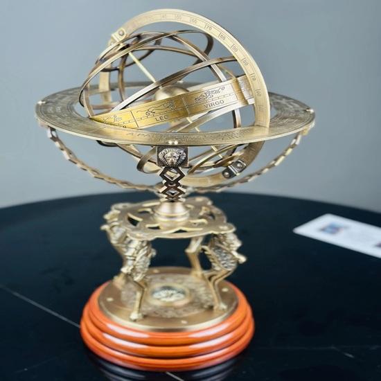 45.72 Cm Brass Armillary Sphere Globe Astrolabe Zodiac Engraved Wooden Base with Working Direction Compass Nautical Best Gift Decorative Item