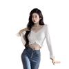 Pure desire V-neck lace splicing long-sleeved T-shirt women's autumn sexy exposed navel short tight top with pleated bottoming shirt