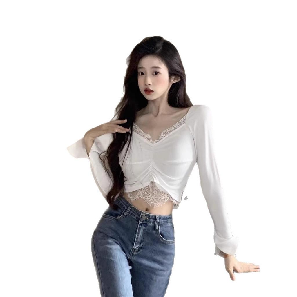 Pure desire V-neck lace splicing long-sleeved T-shirt women's autumn sexy exposed navel short tight top with pleated bottoming shirt