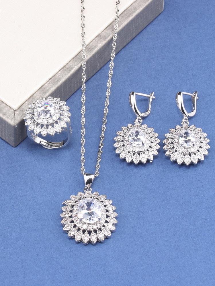 Fine Jewelry For Women Gift Wedding Dress Elegant Luxury Necklace And Clip Earrings Ring Zircon 4-Piece Flower Sets