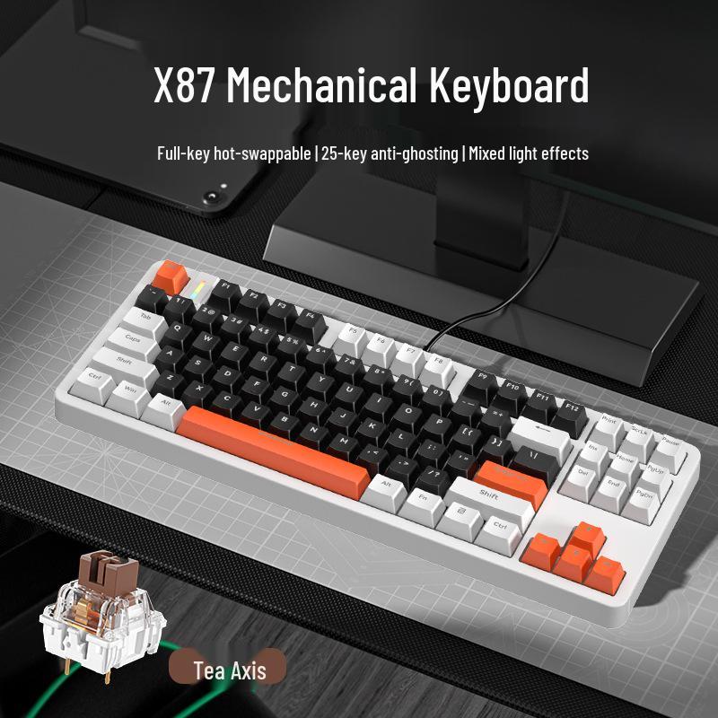 X87 Double Shot Mechanical Gaming Keyboard - Hot-Swappable Tea/Red Switches, 87 Keys, Wired, Backlit, for Office & e-Sports.