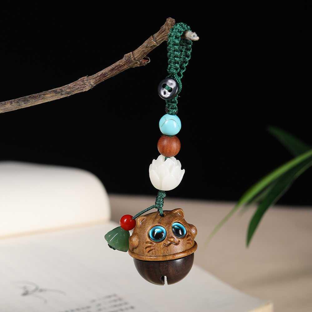 Handwoven Ebony Green Sandalwood Cat Bell Scented Sachet Keychain Diffuser Pendant