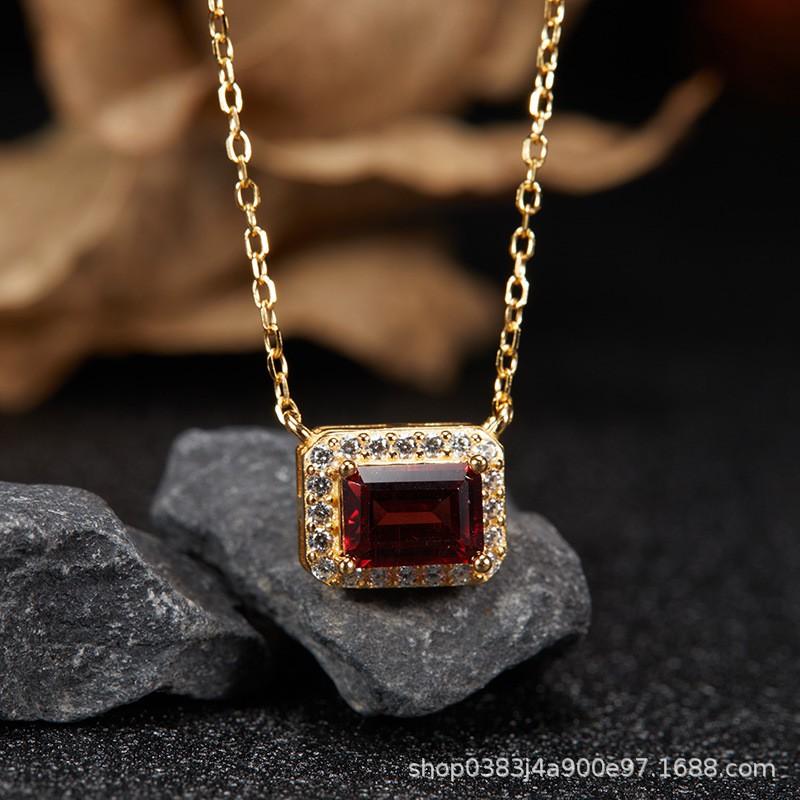 Geometric Square Gemstone Pendant Necklace Women Sterling Minimalist Locket Chain Natural Citrine Amethyst Garnet