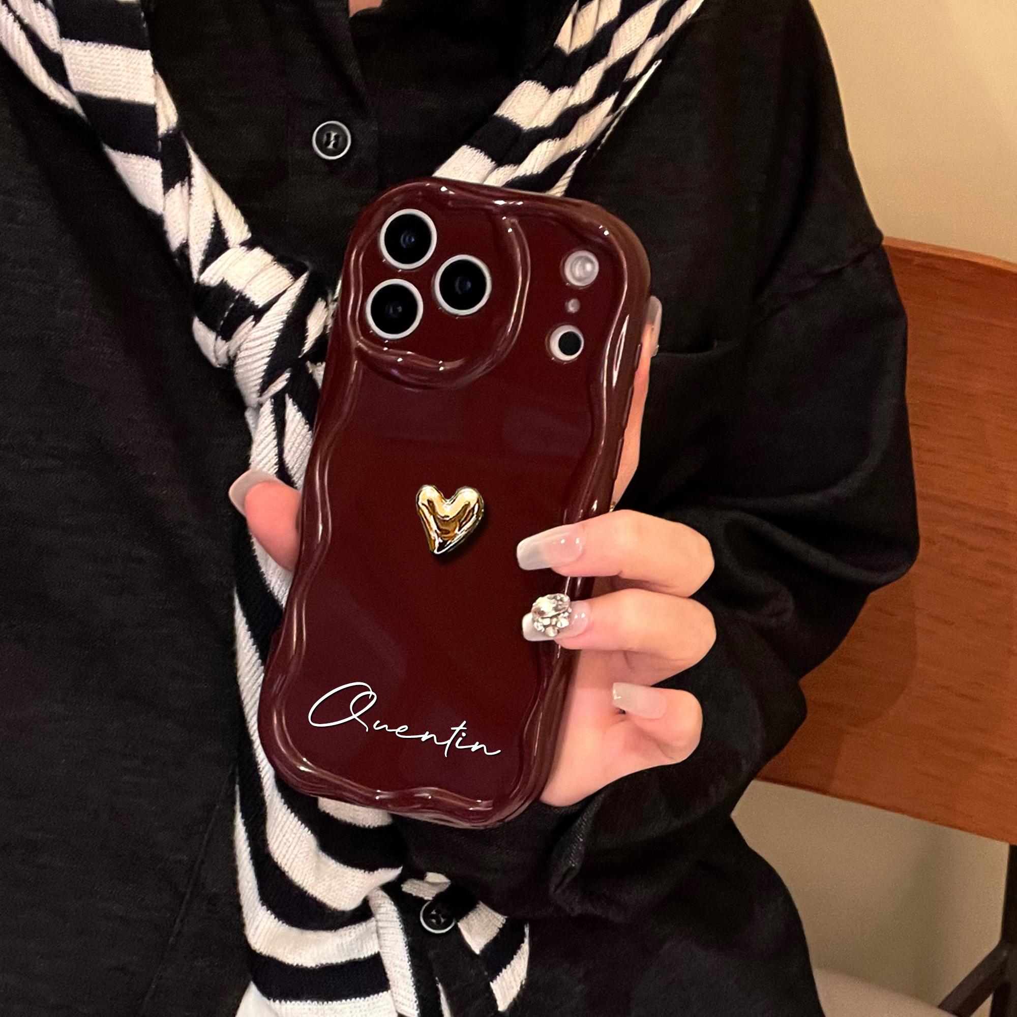 

Custom Big Letters Name Burgundy Luxurious Phone Case Gifts For iPhone 11 12 13 14 15 16 17 Pro Max Plus Air Golden Heart Style For iPhone 16Pro