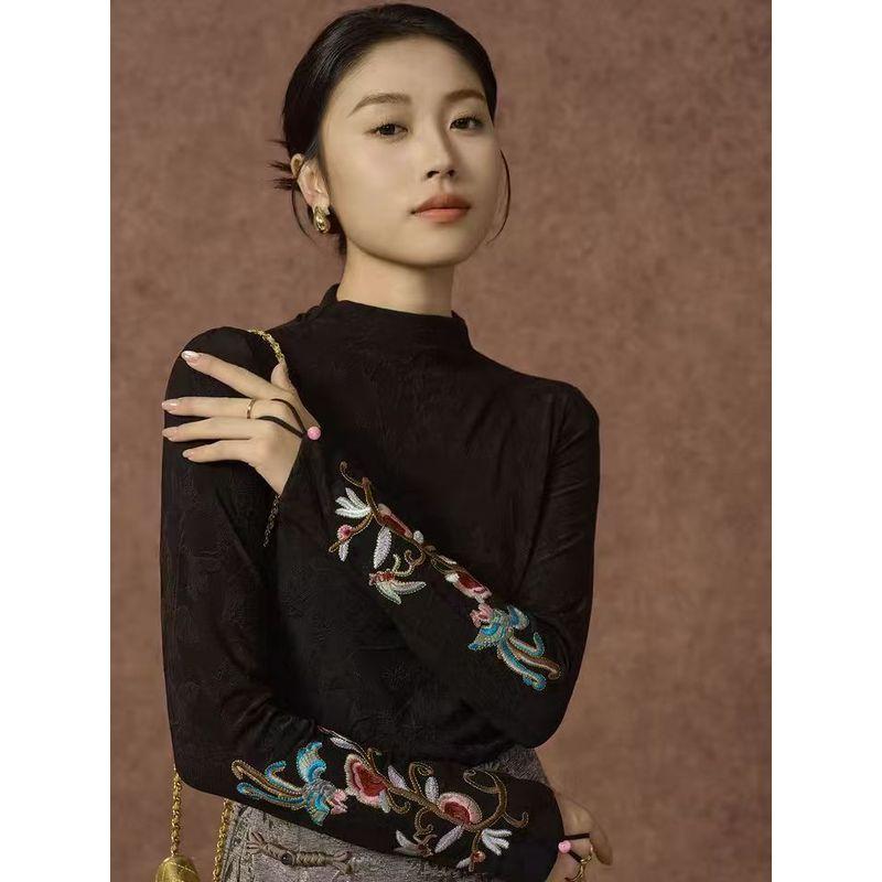 

Чувственные топы! Женская футболка в китайском стиле из флокированного жаккардового хлопка с полувысоким воротником и длинными рукавами на кулиске, платье-бандаж, базовая рубашка, зима Black L