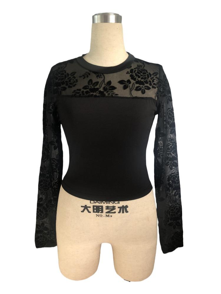 Camisetas de Manga Larga con Cuello Redondo y Encaje para Mujer, Color Sólido, Adelgazantes, Tops, Artículos de Moda Versátiles Esenciales para el Armario, Camisa