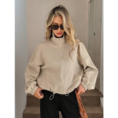 Autumn Winter Stand Collar Solid Color Casual Fashion Cardigan Coat Women Drawstring Zipper Jacket Top