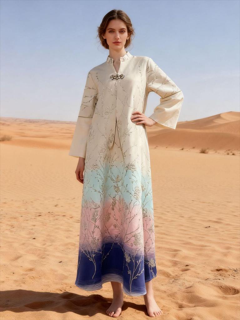 Luxuriöses Dubai Arabisch Muslimisches Besticktes Farbverlauf Langes Gewand