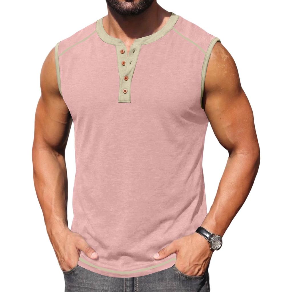 Men Sleeveless Henley Shirt Casual Athletic Tank Top Button Front Muscle Fit Summer Workout Shirt for Outdoor Sports