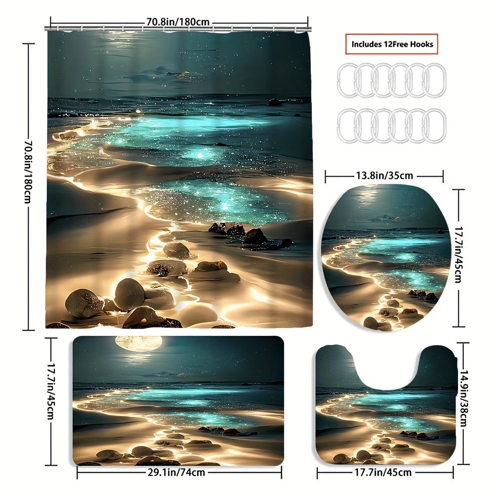 Radiant Luminous Beach Night Glow Oasis Bathroom Set - Waterproof Shower Curtain, Toilet Lid Cover, Bath Mat, And Contour Mat