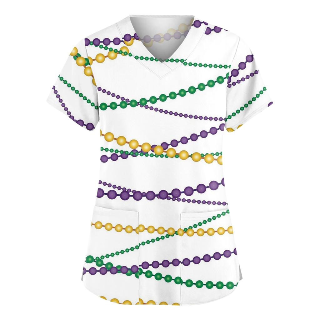 Women's Fashionable V-neck Workwear Printed Short Sleeved Pocket Side Slit Workwear Basic Pullover Top