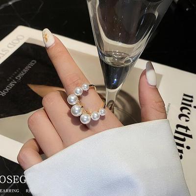 Fashion Big Geometric Pearl Paved Rings For Women New Jewelry Personality Statement Open Ring Adjustable Bijoux