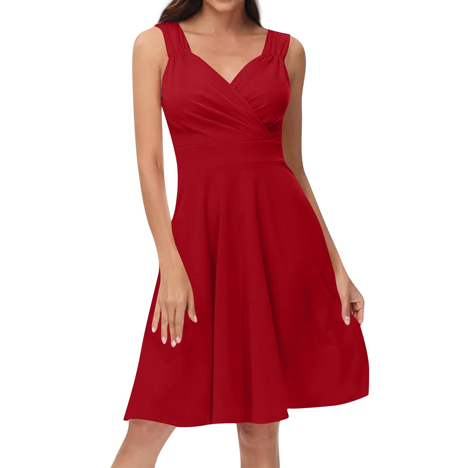 

Women s Fashion Sleeveless V-Neck Vintage Casual Color Cocktail Dresses M червоний