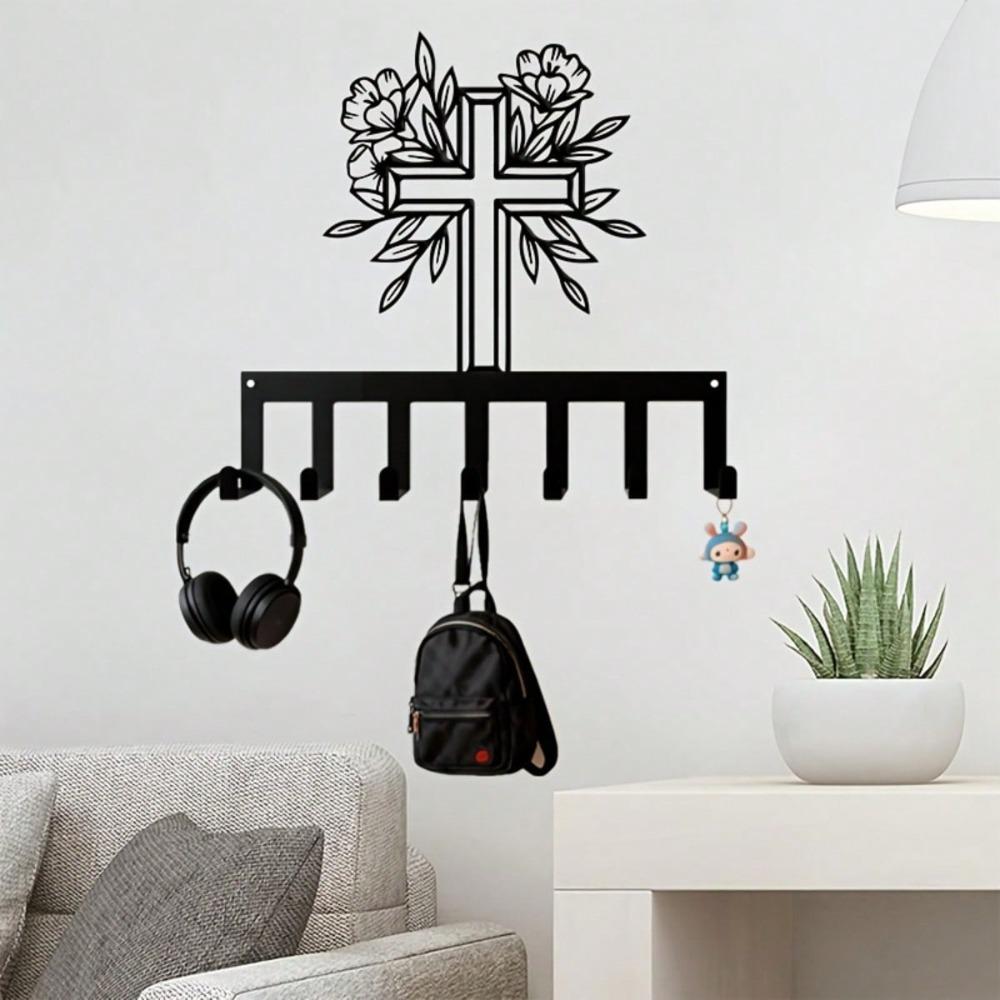 Cross Shaped Flower Key Holder 7 Hook Metal Wall Decor Simple Practical Entryway Gift