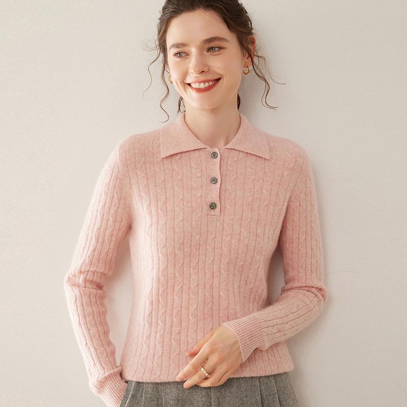 Women's Cashmere Cable Knit Polo Collar Pullover - Long Sleeve, Warm, Fashionable, Versatile Autumn/Winter Base Layer Top.