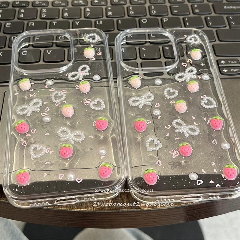 Cute 3D Strawberry Glitter Case For Iphone 17 Air 16 14 13 11 Pro Max 15 Plus 12 Mini X XR XS Bowknot Pearl Epoxy Clear Cover