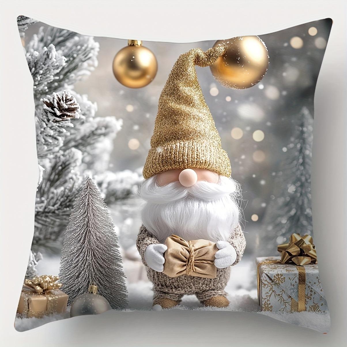 

Gold decoration snow Scene Christmas: Snowman, fawn and Elf pillowcase New Year Home Decoration 2d flat printing 16x16Inch