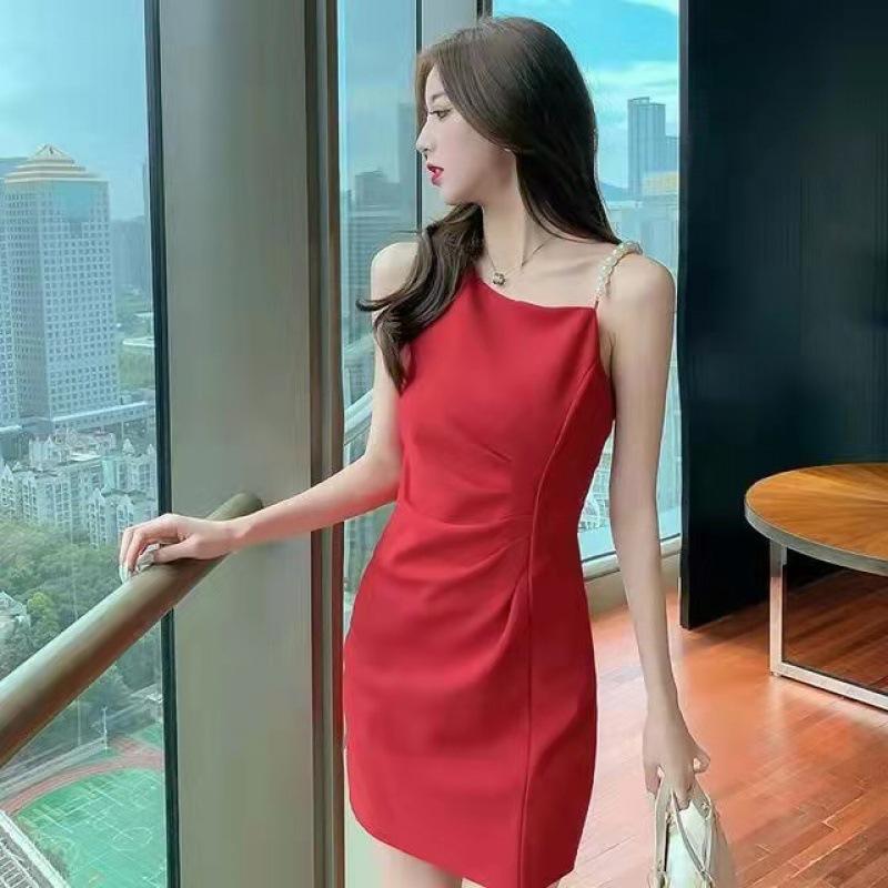 

Summer New Pearl Suspender Dress Female Slim Black Skinny Temperament French Retro Small Black Dress S красный
