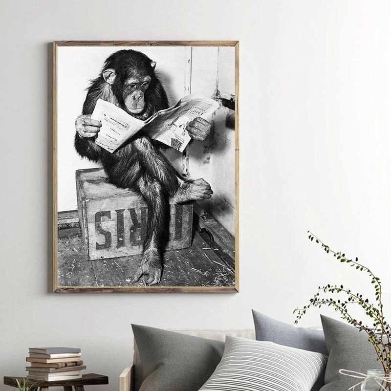 Black White Fun Animal Monkey Orangutan Read Newspaper Play Chess Poster and Print Wall Art Canvas Painting Picture Home Decor