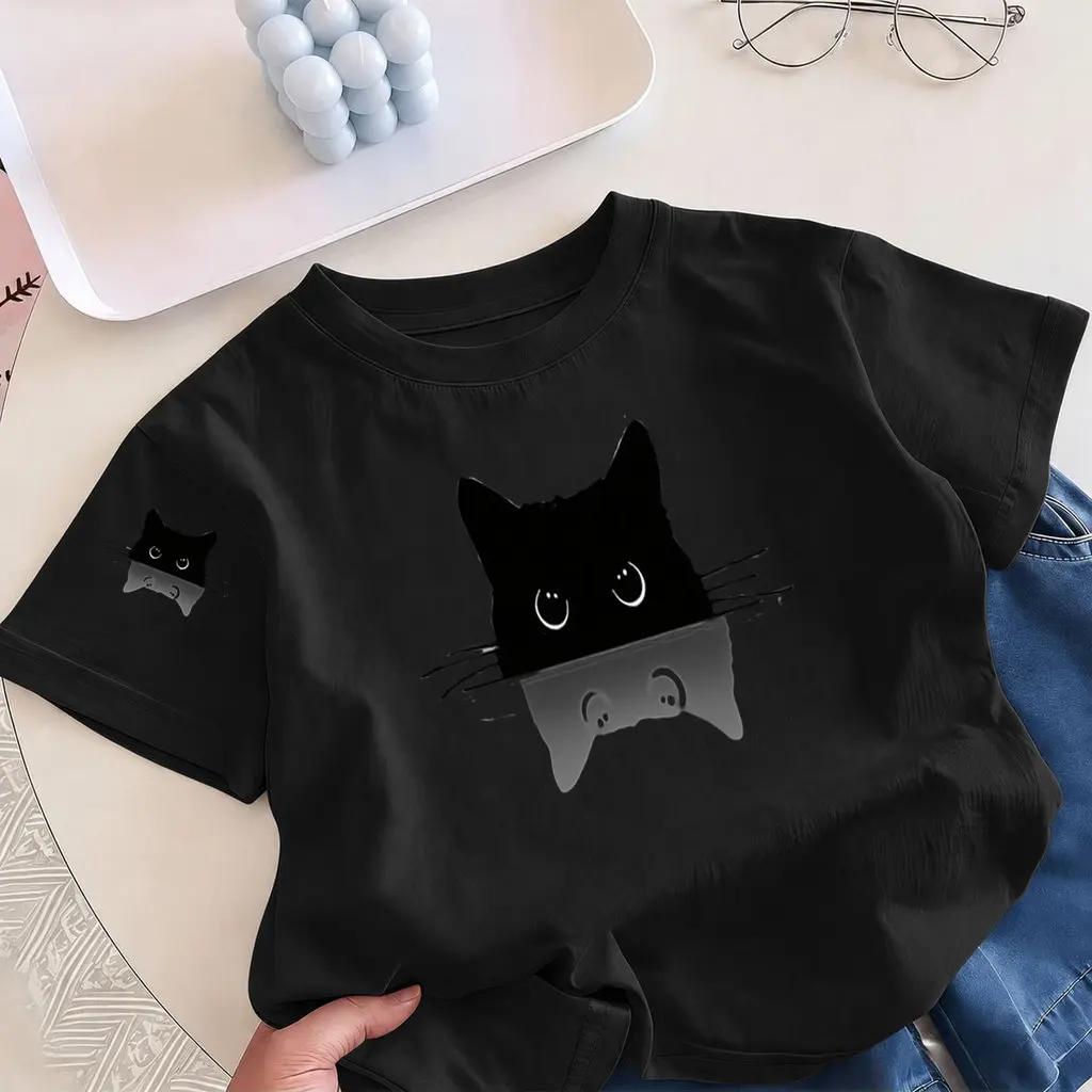Boys Girls Casual Short Sleeve Tee Kids Cute Black Cat Reflection Graphic Print T Shirt Cartoon Animal Children Summer Daily Top
