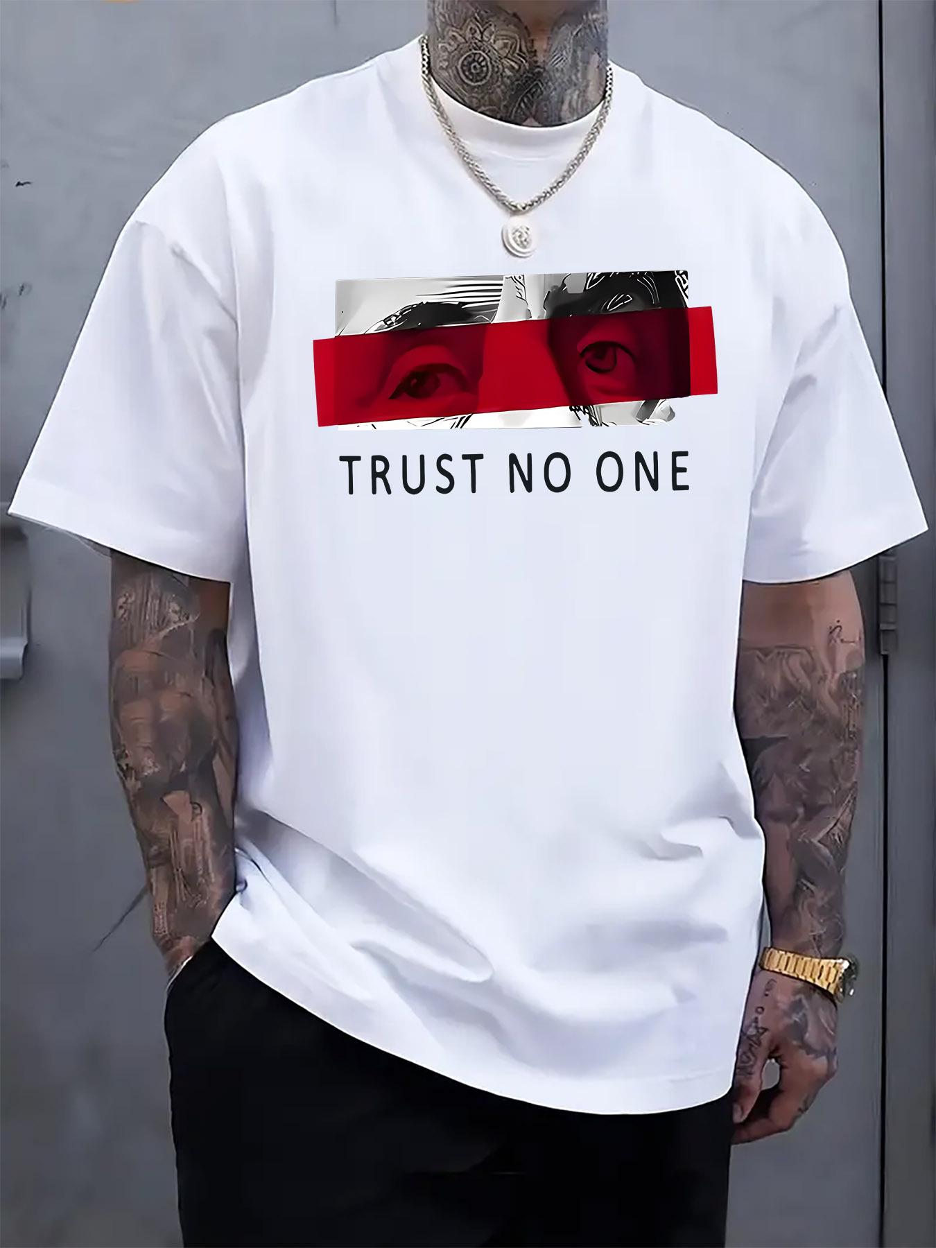 Casual Crew Neck T-shirt with TRUST NO ONE Graphic Print - Short Sleeve S