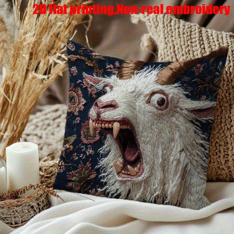 Vintage Goat Design 2D Flat Print Short Plush Pillowcase 18*18 Inches - Classic Retro Home and Office Decor, Zipper Closure, Decorative Pillow