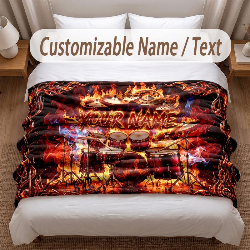 Music Drums Theme Soft Blanket Personalized Custom Name Text Print Warm Blanket Home Sofa Bedroom Decor