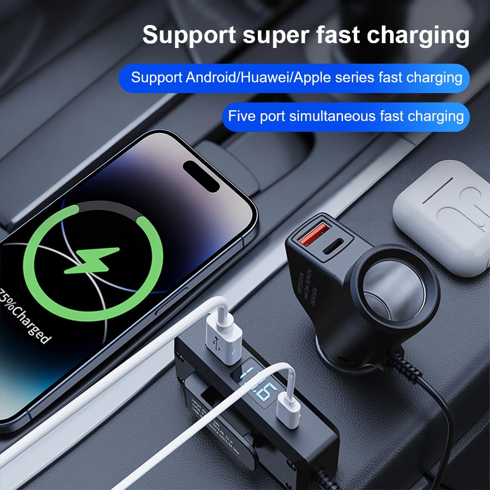 Quick Charge Multifunctional Car Digital Display Vehicle Charger Fast Charging Cable Auto Charger Adapter USB Fast Charging Universal QC3.0+PD TypeC