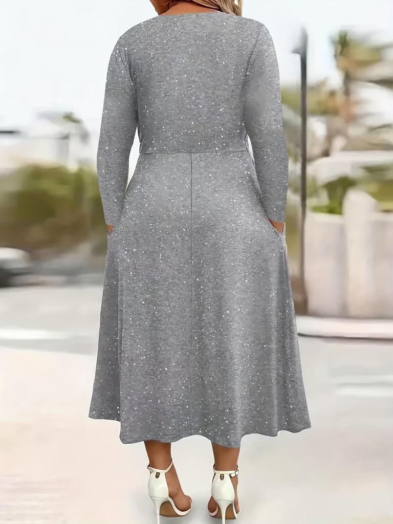 Elegante Vestito Glitterato Scollo a V Manica Lunga Taglie Forti con Tasche - Stile Europeo & Americano 2026