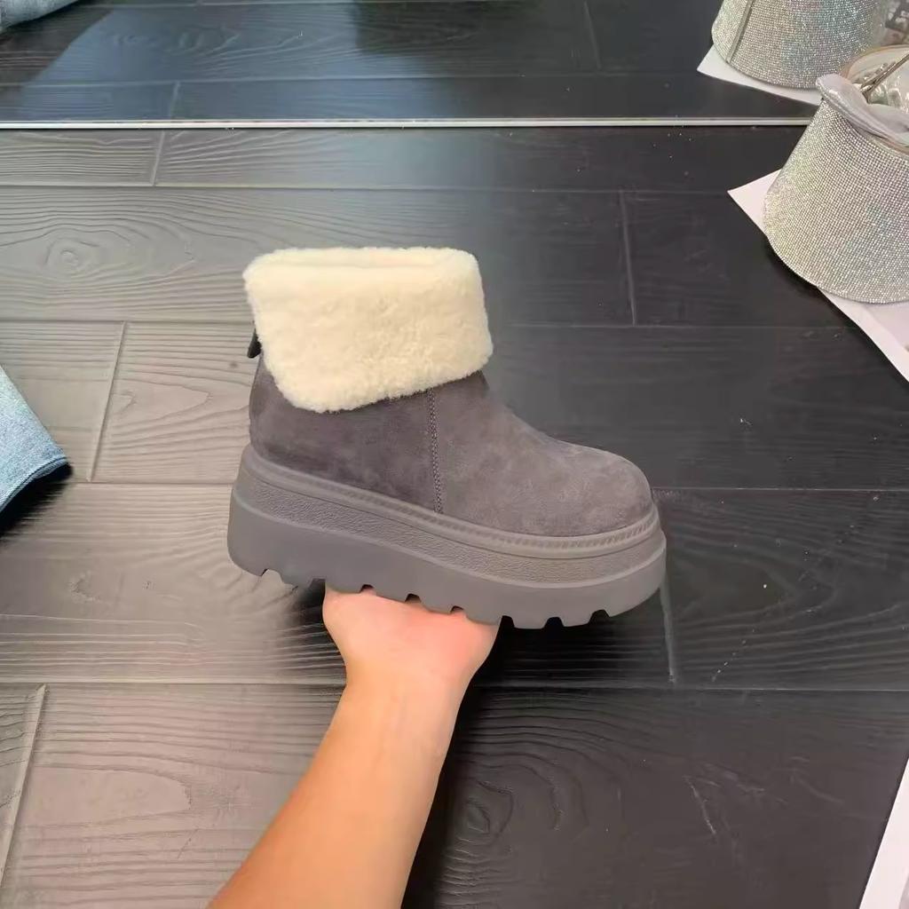 Dicke Sohle, erhöhend, Schneestiefel für Damen, Winter, neu, vielseitig, flauschig, Leder, kurze Stiefel, gefüttert und verdickt, warme Baumwollschuhe