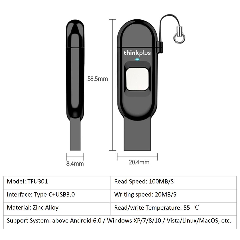 Lenovo ThinkPlus Fingerprint Encrypted USB Drive Dual Interface Type C USB 3.0 for Phone Tablet PC Office