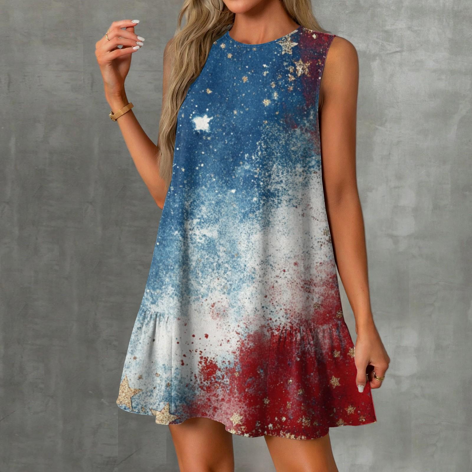 

Женские модные повседневные платья без рукавов с круглым вырезом и оборками с принтом «День независимости» M винный