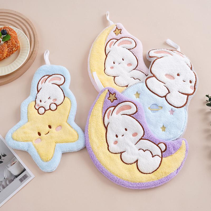 Cute Rabbit Pattern Hand Towel Soft Hanging Towels Absorbent Coral Fleece Towel Kitchen Bathroom Double-Thickness Hand Towel