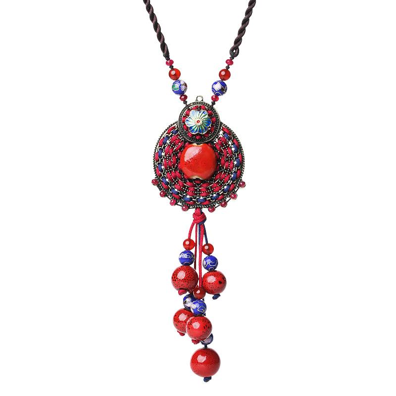 Ethnic Style Pure Handmade Sweater Chain Long Accessories Red Pendant Antique Versatile Wholesale Jewelry Necklace Hanging Women's Jewelry