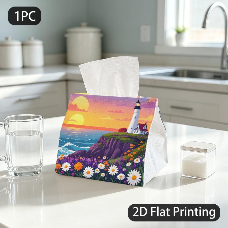 1pc Lighthouse Tissue Box Suitable for Living Room &, Calming Lighthouse Sunset Napkin Dispenser with Flat Art, Compact Portable Holder for Decor, Pol