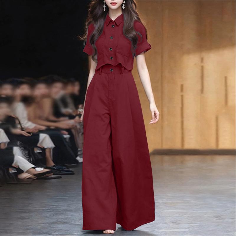 ZANZEA Damen Kurzarmbluse und Hose mit weitem Bein Sommer Zweiteiler Anzugsets