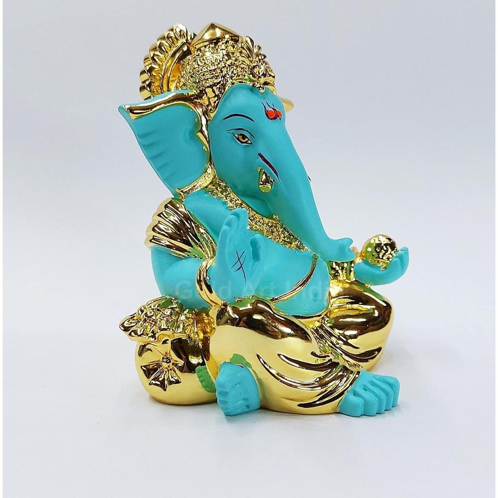 Gaddi Ganesha Resin 3 X 3 Gold Fluro Green Ganesh Idol for Car Dashboard Small Ganesha Murti Ganpati Idol for Home Decor Puja Lord Ganesh Statue
