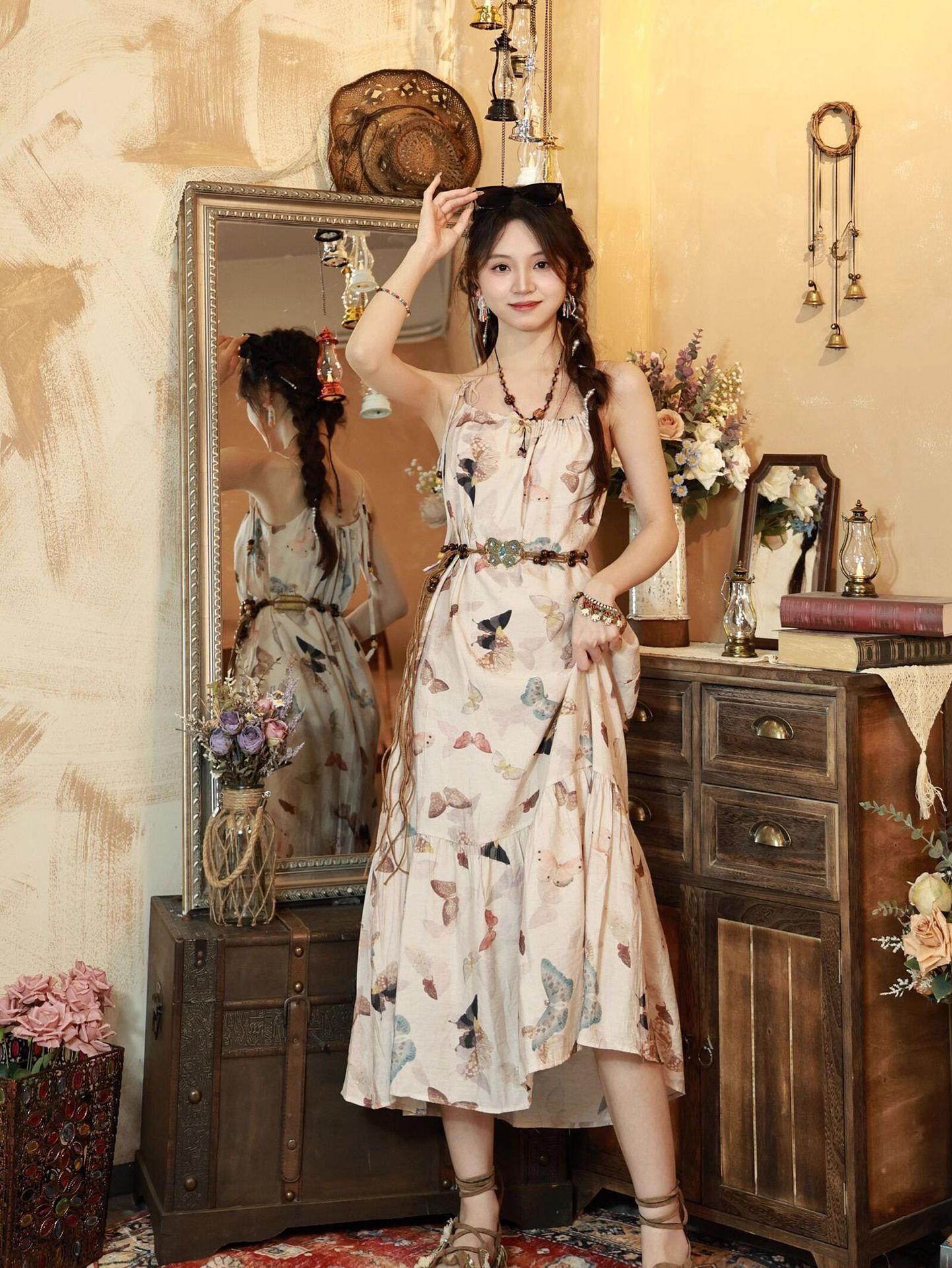 

Bohemian retro sweet long dress butterfly print dress super fairy floral beaded loose and thin suspender skirt S
