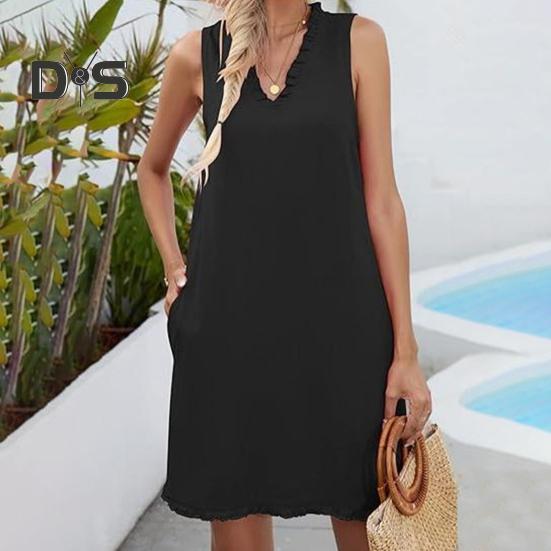 Women Summer Dress with Pockets Shirring V Neck Sleeveless Solid Color A-line Ripped Hem Midi Dress Daily Beach Dress