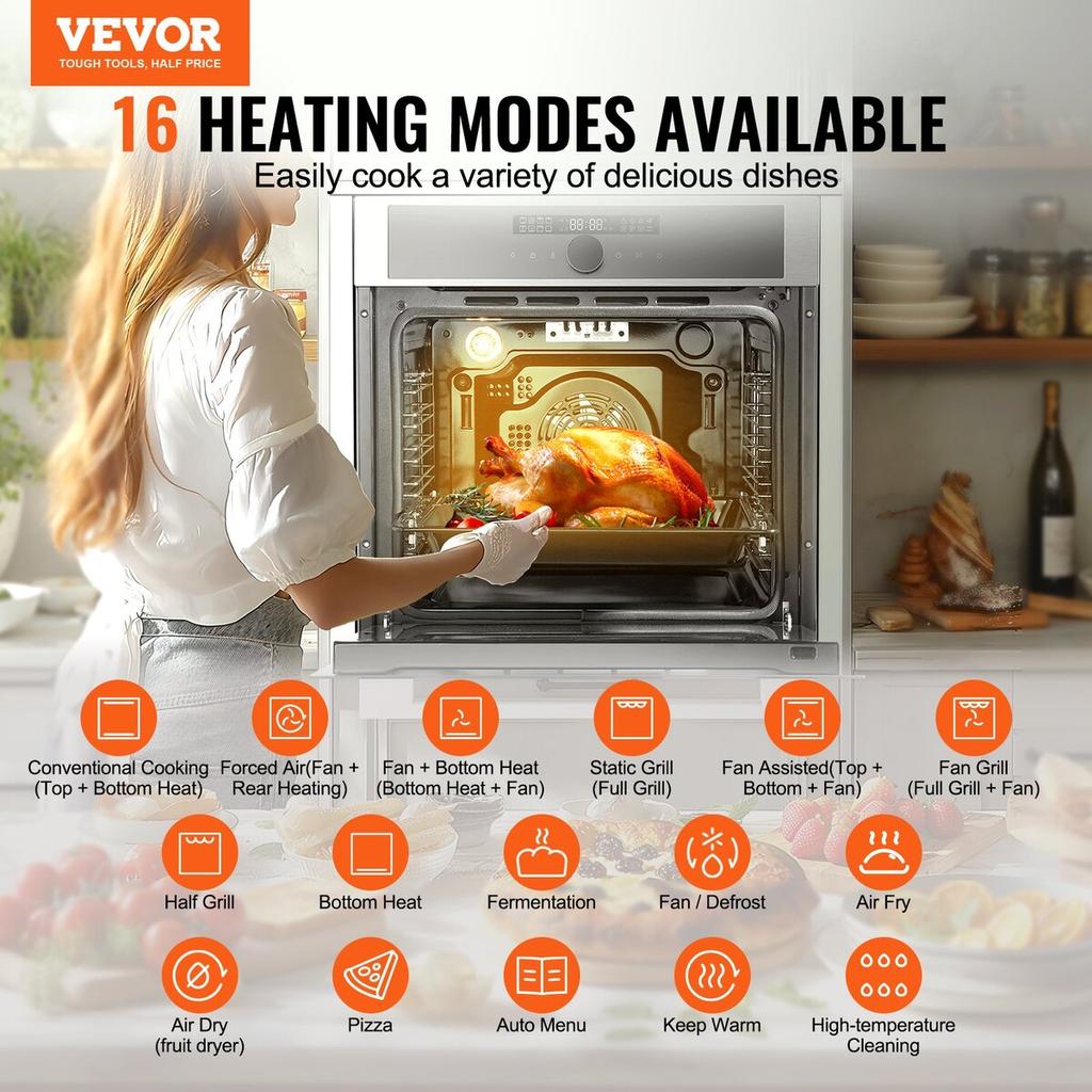 Single Wall Oven 24" Electric Built-in Wall Oven 16 Functions 2.68 Cu. Ft
