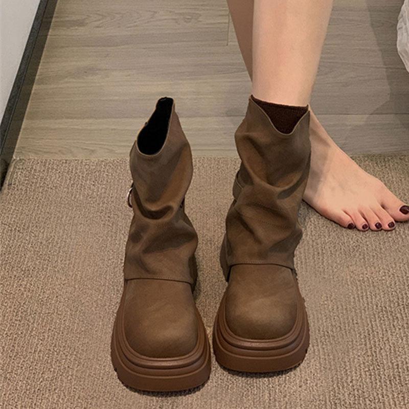 British Style High-end Short Boots Autumn New Super Fire Versatile Martin Boots Heightened Thick-soled Medium Boots