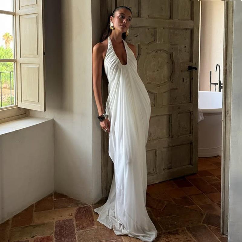 Sexy Loose Backless Sleeveless V-neck Pleated Long Halterneck Mesh Dress