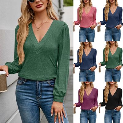 Damenbekleidung Herbst Winter Mehrstufiges einfarbiges T-Shirt mit V-Ausschnitt für Damen