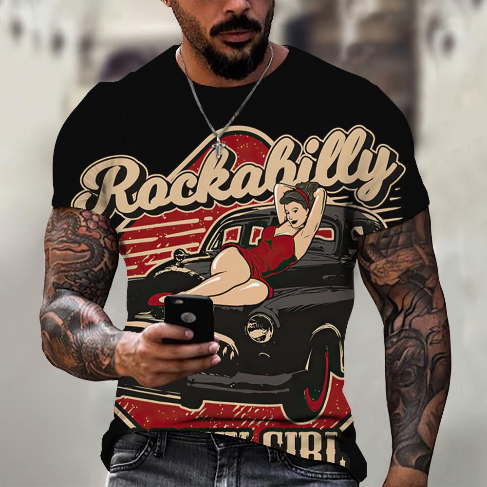Retro Car T-Shirt For Men Sexy Beauty Print Short Sleeved T-Shirt Casual Tees Tops Summer Men's Clothing Oversized Streetwear Xl