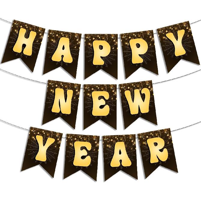 Happy New Year 2026 Banner - Black and Gold Metallic Hanging Bunting Sign with Lettering for New Years Eve Party Decor, Holiday Celebration Backdrop
