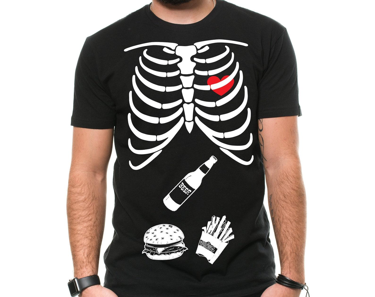 Skeleton Halloween T-Shirt: Burger, Beer & Fries - Mens Unisex Cotton Tee 3XL