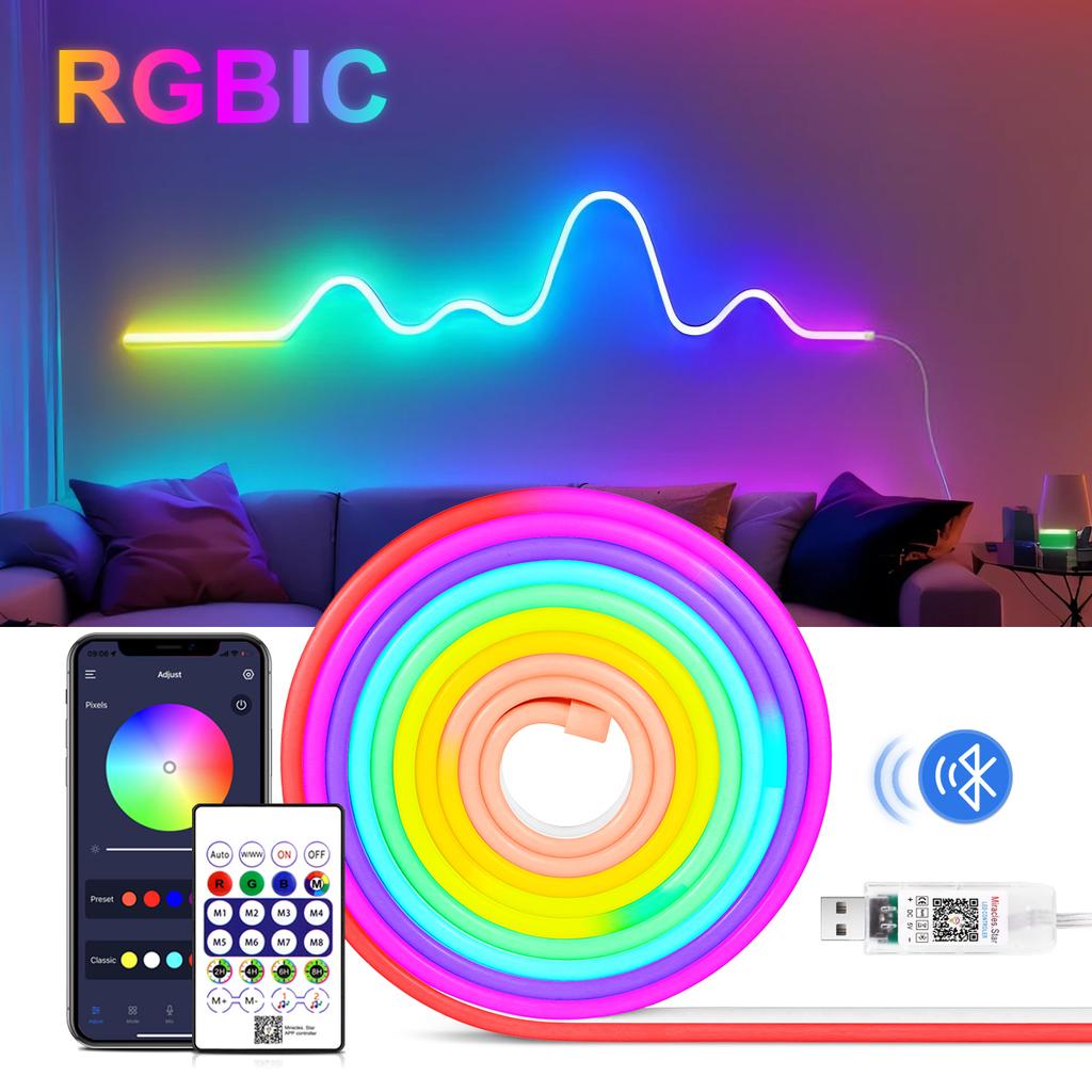 DC5V USB RGBIC Neon LED Streifen Licht 5M WS2812 Wasserdichte Neon Zeichen Band Bluetooth Fernbedienung Für Zimmer Wand Dekor Fee Licht