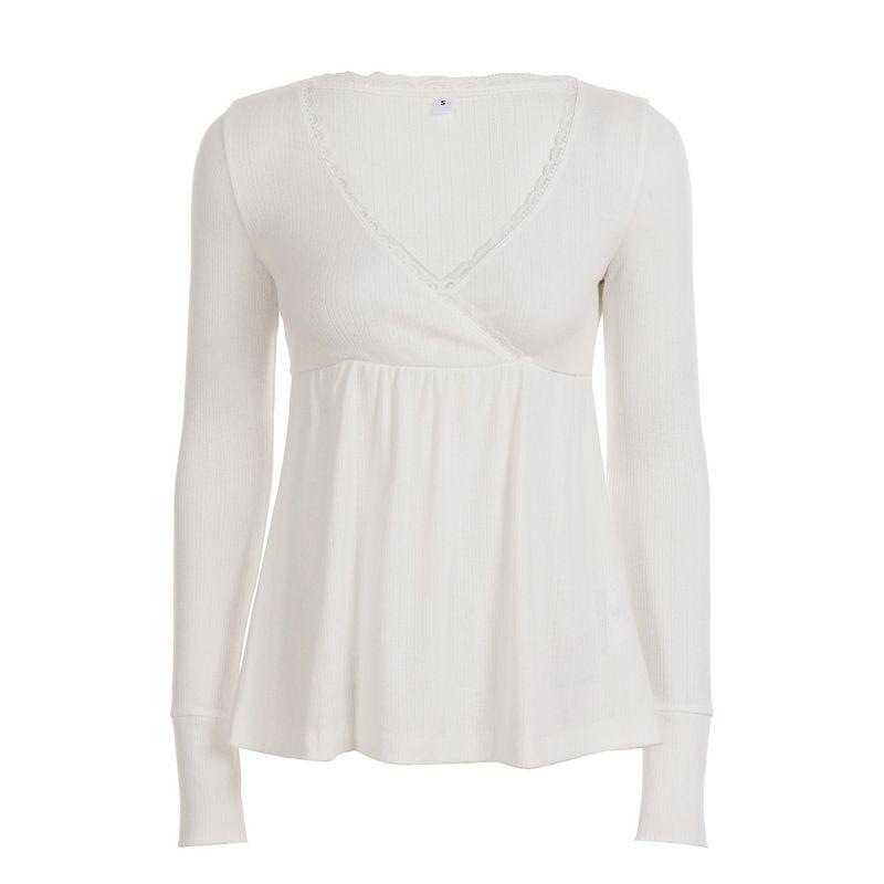 H Home European and American Women clothes French style Sweet Lace Deep V-neck a Swing Long sleeves Shirt Simple Solid Chest Type Top