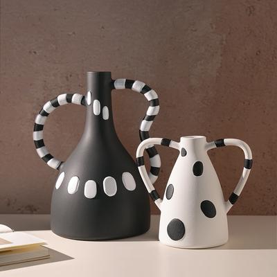 Ceramic Vase Black and White Dots Flower Vase Geometric Stripes Abstract Handle Flower Arrangement Pot Home Decoration